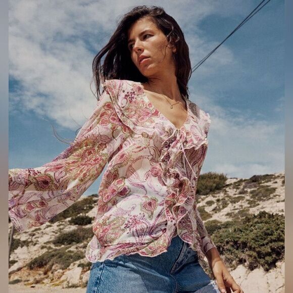 ZARA PRINTED METALLIC THREAD RUFFLED TOP‎ - Picture 1 of 5
